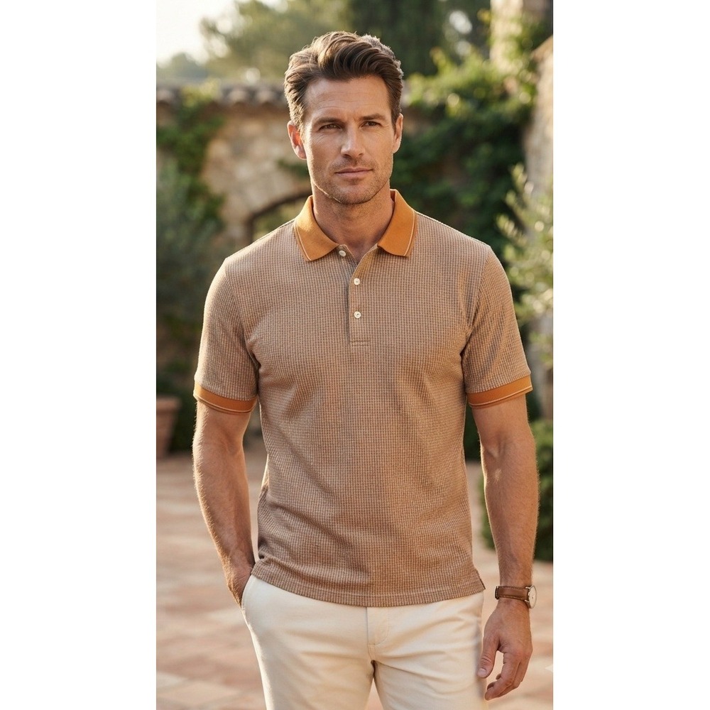 Johnston & Murphy Polo Shirt Micro Check Men's M Orange Cotton C-600 Classic